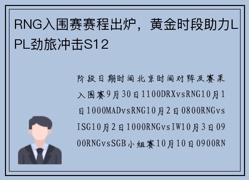 RNG入围赛赛程出炉，黄金时段助力LPL劲旅冲击S12